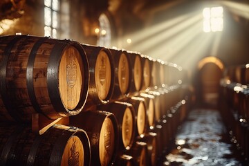 A stack of whiskey barrels in the cellar