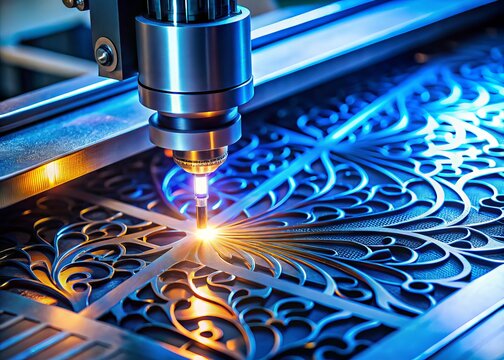 A precise laser engraving machine cuts intricate designs onto a metal surface, emitting a bright blue light as