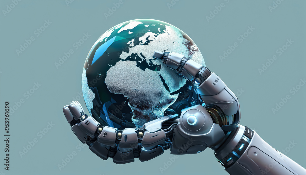 Aufkleber a robot is holding a globe in its hand. the robot is made of metal and has a robotic arm. the globe 