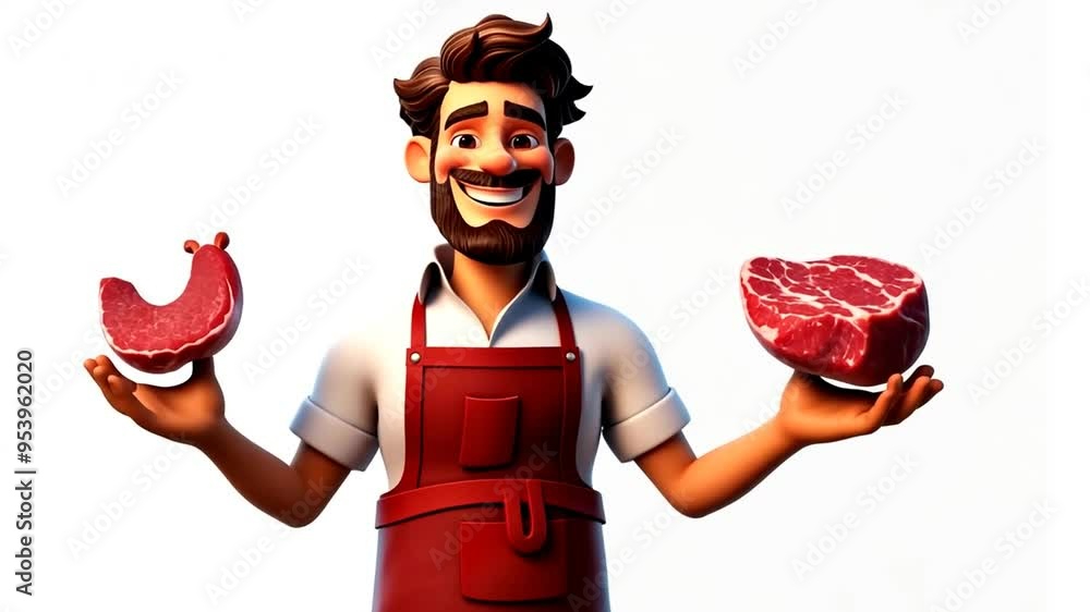 Poster man in an apron holds two different cuts of meat in a cheerful pose generative ai
