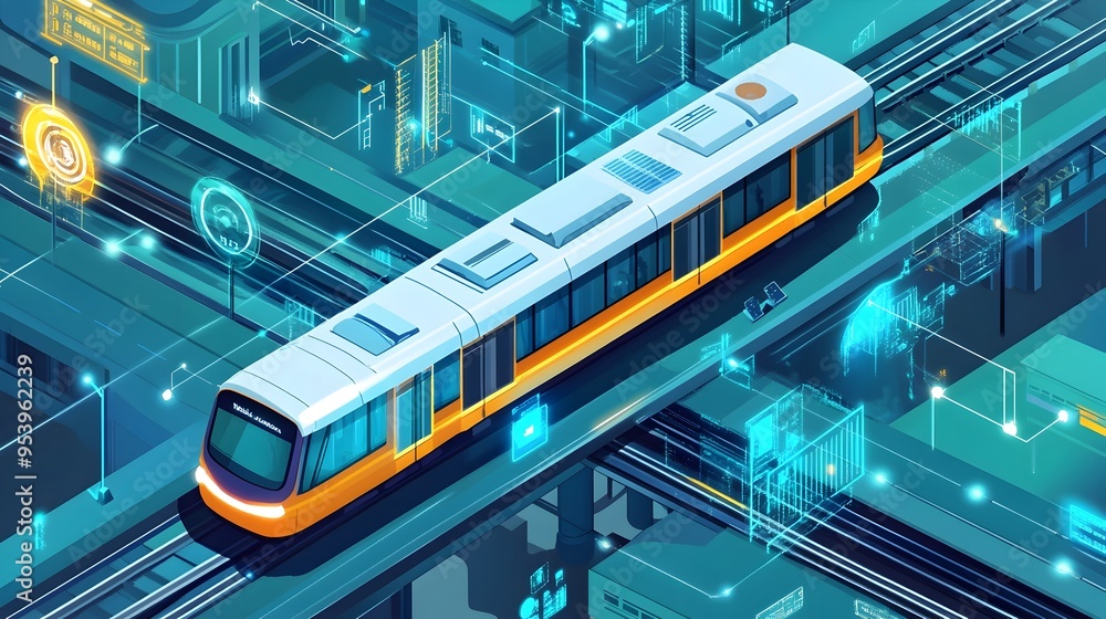 Poster futuristic graphic depicting iot driven public transport systems with predictive maintenance efficie