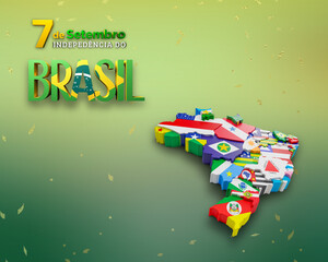 7 de setembro. Independência do Brasil. Mapa do Brasil. Mapa do Brasil com bandeiras dos estados. Plano de fundo verde e amarelo. Confetes. Letreiro Brasil estilizado.