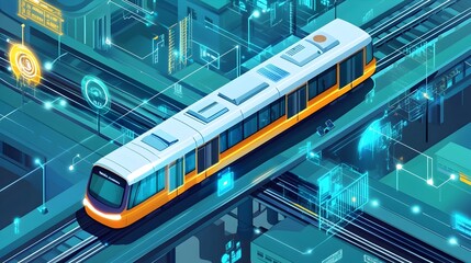 Futuristic Graphic Depicting IoT Driven Public Transport Systems with Predictive Maintenance Efficiency Optimization and Integrated Technology Solutions for Smart City Mobility