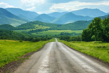 Fototapeta premium A road with a long grassy field in the background. The road is empty and the sky is cloudy