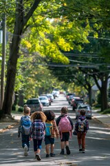 Obraz premium A group of children walking down a street with backpacks. Scene is lighthearted and playful, as the children are enjoying their walk together