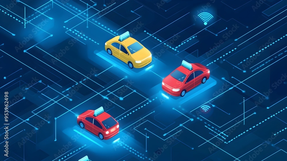 Aufkleber graphic showcasing an advanced iot connected taxi dispatch system with optimized routing and automat