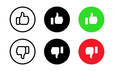 Thumbs up and thumb down button icon set. Positive and negative symbol. Like and dislike vector illustration. Yes and No finger web interface buttons. Green accept and red decline symbols.