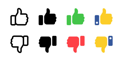 Thumbs up icon. Thumb down symbol. Like button finger up vector illustration. Dislike sign. Approve pictogram. Hand finger emoji. Positive and negative vote concept.