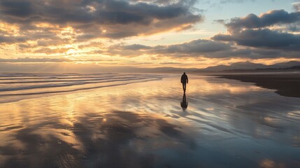 Solitary Figure Walking on a Beach at Sunset