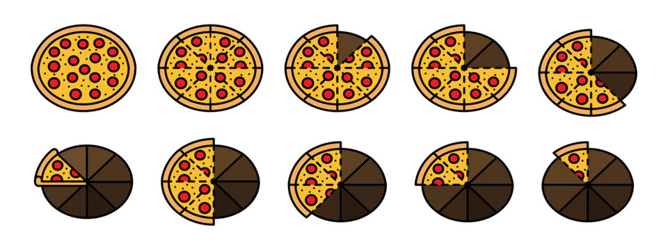 Sliced pizza colored icon set. Pepperoni part circle division vector illustration. Salami pizza pie portion symbol. Cartoon piece of pizza fraction pictogram collection.