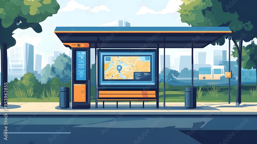 Poster iot powered smart bus stop featuring live route maps and digital displays for efficient urban transp
