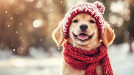 Dog wearing hat and scarf on winter snowy weather composition background