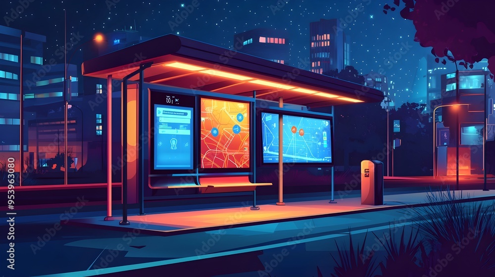Poster iot powered smart bus stop featuring a graphic display of live route maps and transportation informa