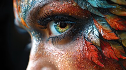  Detailed close-up portrait of a woman with vibrant, abstract face paint, highlighting her...