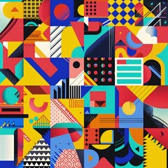 Obraz premium A vibrant abstract composition featuring geometric shapes and bold colors, showcasing a dynamic interplay of patterns.
