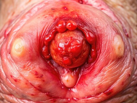 A red, swollen, and painful perianal abscess with pus-filled cavity and surrounding inflamed skin, close-up view with clear visibility of affected area.