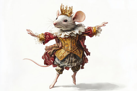 Whimsical mouse king with a golden crown is gracefully dancing in a red and gold costume, nutcracker, christmas