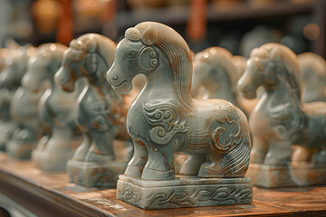 A collection of intricately carved jade horse sculptures lined up on a wooden shelf, bathed in warm, ambient lighting that enhances their glossy finish.