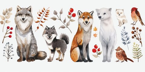 Cute watercolor illustration of winter animals, including a fox, deer, and owl, wearing festive hats in a snowy scene.