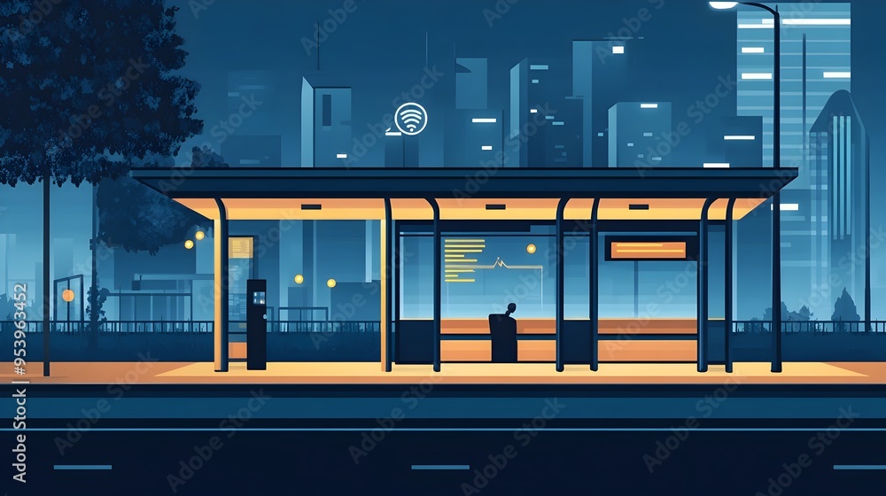 Poster innovative graphic of a smart bus stop equipped with iot based passenger counting sensors designed t