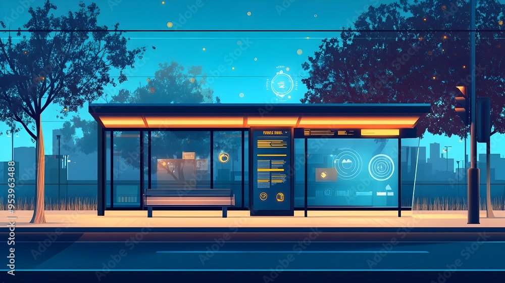 Poster a modern technologically advanced bus stop design featuring iot based passenger counting sensors to 