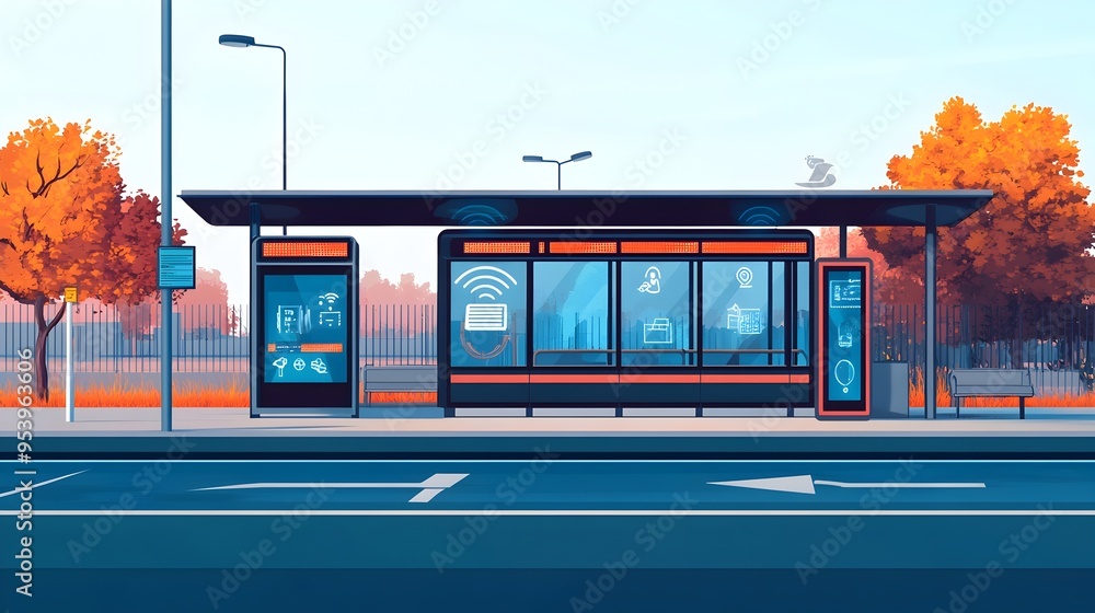 Poster innovative smart bus stop design featuring iot based passenger counting sensors to optimize urban tr