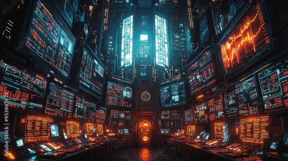 Poster futuristic trading hub, a bustling environment filled with traders focused on screens displaying dyn