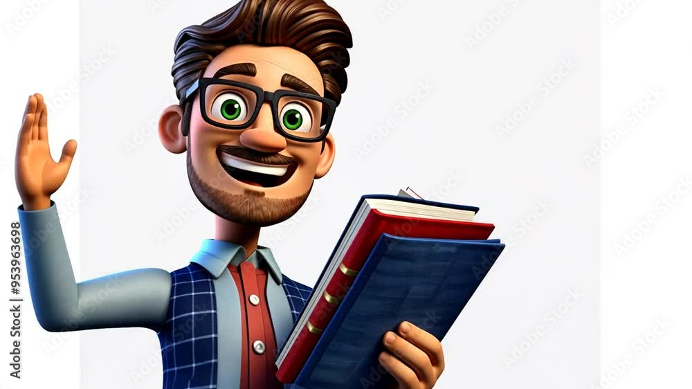 Poster smiling animated character with books in a learning space generative ai