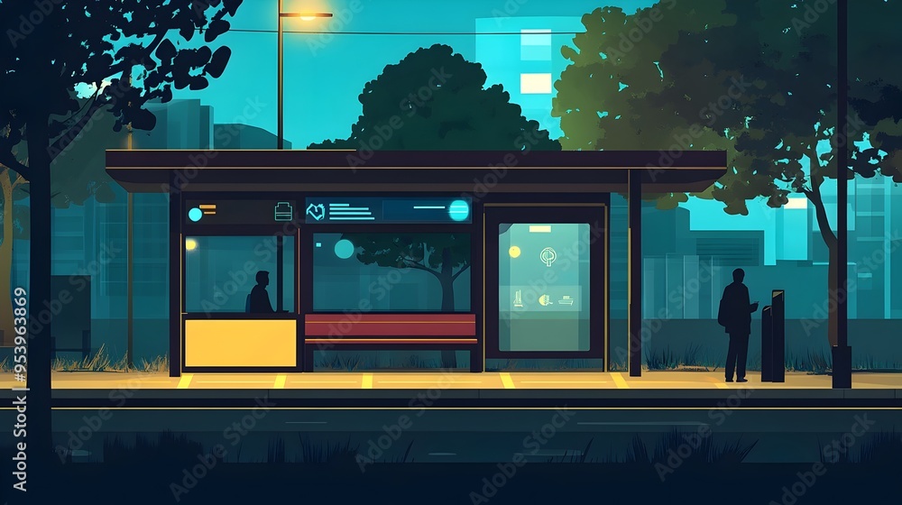 Poster a graphic showcasing a modern technologically advanced bus stop equipped with iot enabled energy eff