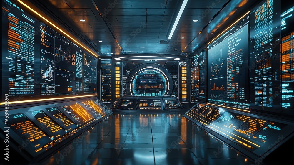 Poster dynamic trading floor of a modern financial institution, bustling with traders analyzing data on mul