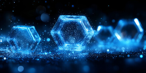 Fototapeta premium Glowing hexagonal crystals shimmering with light on a dark background, creating a mesmerizing visual effect in a futuristic setting