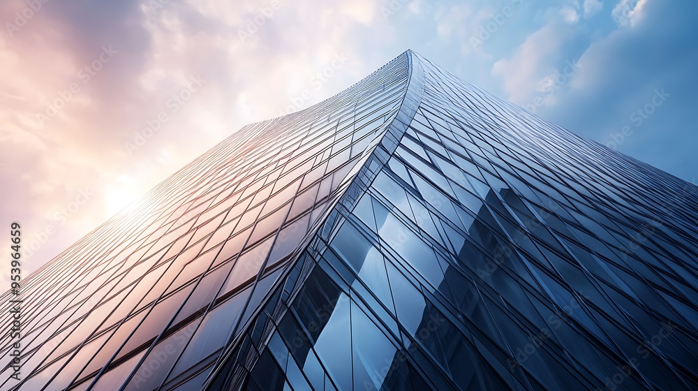 Poster a low angle view of a modern glass skyscraper with a cloudy sky in the background