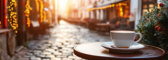 Cup of hot drink standing on table in european city winter background composition