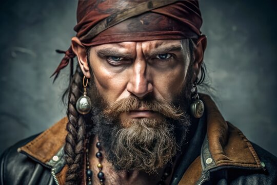 A rugged, bearded buccaneer with a menacing scowl, scar above left eyebrow, and piercing gaze, sporting a tattered