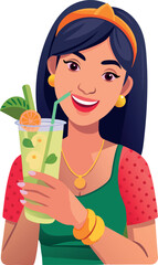 Beautiful young woman holding a glass of lemonade with a straw