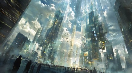 Obraz premium Silhouetted figures gazing upwards at a futuristic cityscape