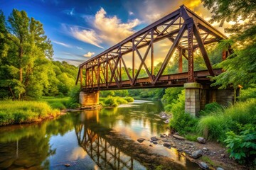 Fototapeta premium A rugged rusty old steel railroad bridge spans a serene rural creek, surrounded by lush greenery and overgrown vegetation, in warm golden afternoon light.