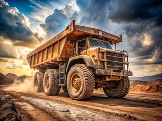 Obraz premium A rugged, worn dump truck navigates a dusty construction site, its massive tires and rusty metal body a