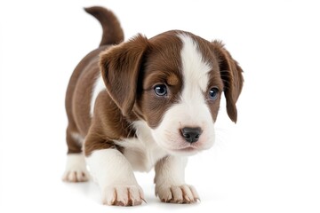 puppy standing on white surface looking at camera with blue eyes                          