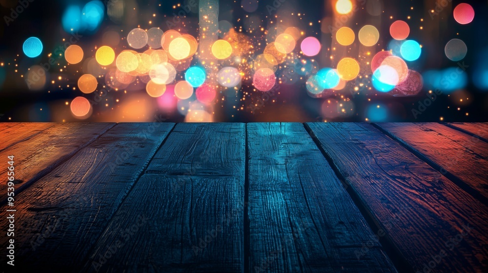 Poster rustic wooden tabletop with colorful bokeh lights in the background, creating a festive atmosphere, 