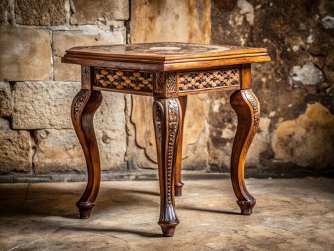 A rustic, hand-carved wooden semit table with intricately inlaid patterns and ornate legs sits against a distressed