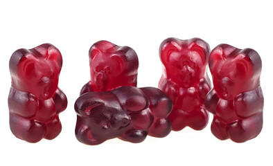 Group of red jelly bears isolated on a white background. Red gummy candies. Tasty marmalade bears.