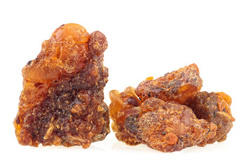 Natural frankincense Olibanum. Frankincense resin isolated on a white background, Incense.