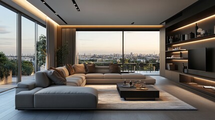 Home living room interior with sofa and table, shelf and panoramic window.