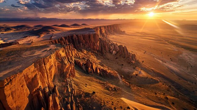 Aerial view of dramatic desert cliffs at sunset, scenic landscape. Nature exploration and adventure concept