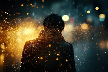 Silhouette of a Person Walking Through Golden Dust and Lights