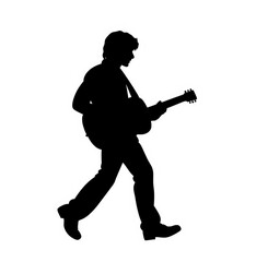 Black Silhouette of a musician playing a guitar on a white background.
