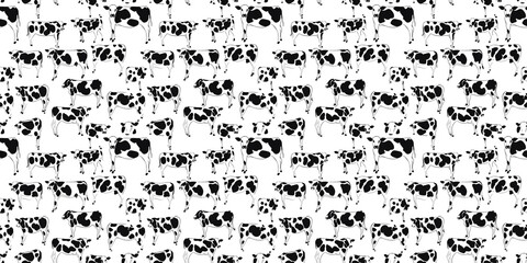 Cow pattern with playful, farm animal-themed illustrations. Background seamless pattern.