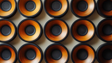 Pattern of orange and black speakers in a modern audio setup