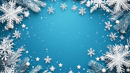 Christmas frame with white snowflakes and frosted pine branches on a bright blue background, ideal for winter holiday designs.